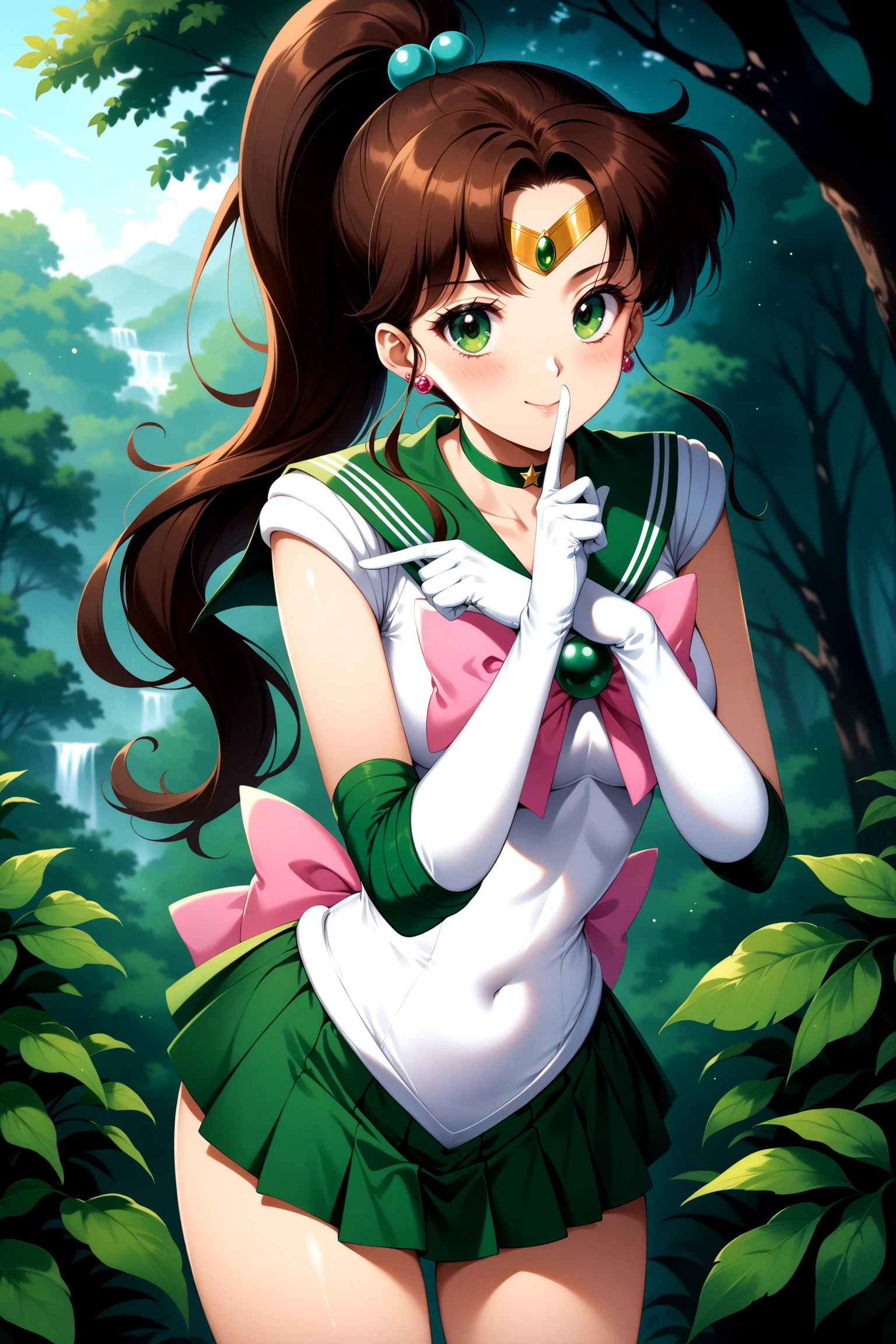 (masterpiece, best quality, very aesthetic, ultra detailed), intricate details, 4k, aajupiter, long hair, ponytail, hair bobbles, tiara, earrings, green eyes, green choker, green sailor collar, pink bowtie, white shirt, white leotard, elbow gloves, white gloves, green skirt, pink bow, <lora:sailor_jupiter_XL_v1:0.9>, smile, shushing, leaning forward, standing, outdoors, finger to mouth,