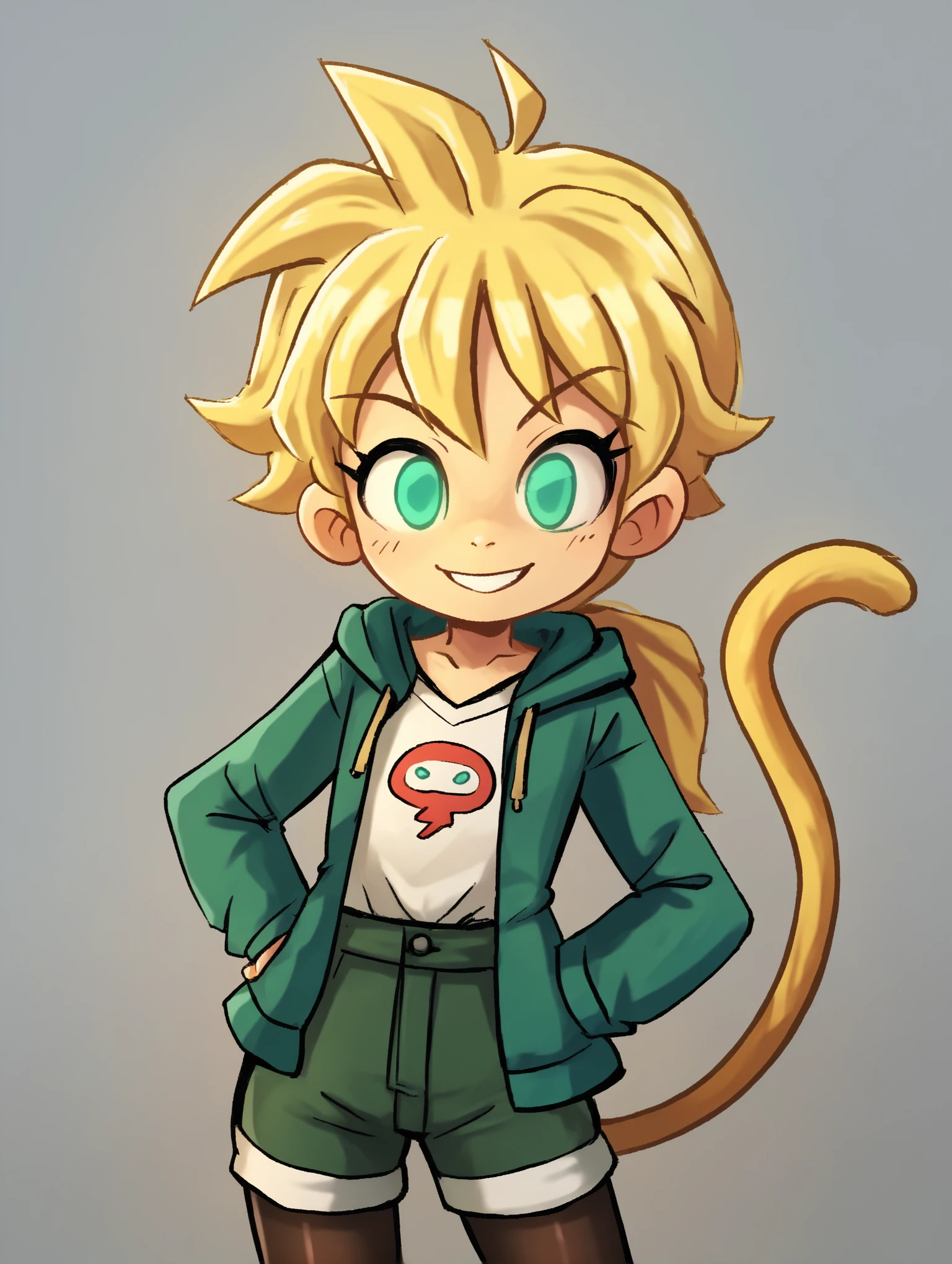 score_9, score_8_up, score_7_up, score_6_up, score_5_up, score_4_up, source_anime, BREAK
1girl, solo, looking at viewer, <lora:peargor_epoch_15:1> peargorxl, evil smile, hoodie, open hoodie, shorts, pantyhose under shorts,, <lora:Meizie-10:0.7> meizie, low ponytail, ahoge, flat chest, short hair, (monkey tail), ((ssjform, blonde hair, aqua eyes, spiked hair:1.2), (blonde tail))