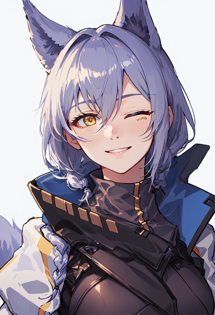 best quality, masterpiece, highres, solo, (provence_arknights:1.10), smile, happy, one eye closed, portrait, looking at viewer, 29 <lora:provence_arknights:0.80>