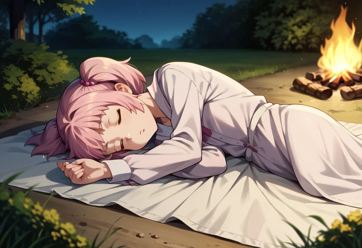 score_9, score_8_up, score_7_up, source_anime,
kiramekimamika, short twintails, sleeping,
outdoors, campfire, lying, on side