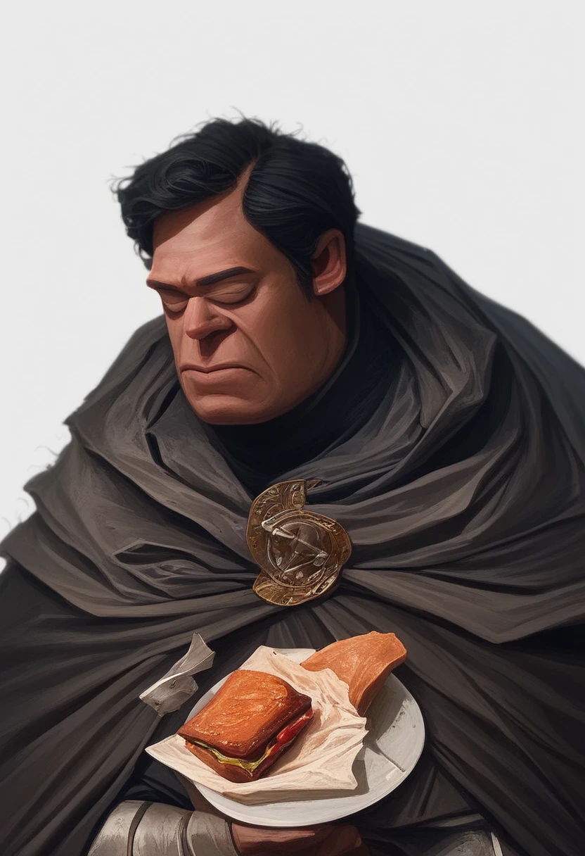 score_9, score_8_up, score_8,alb3nizrodrigu3z, 1boy, male focus, solo, black hair, white background, cape, simple background, closed eyes, food<lora:alb3nizrodrigu3zv1PonySDXL:1>