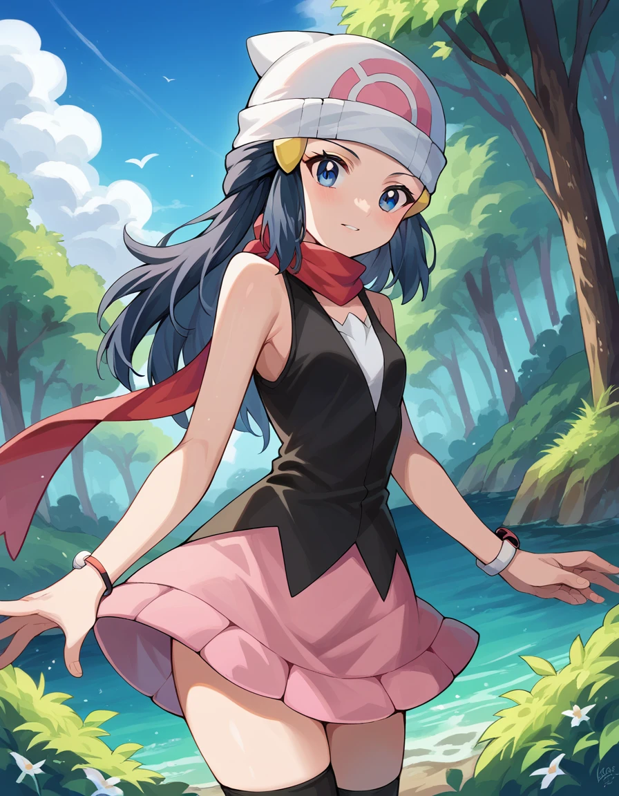 score_9, score_8_up, score_7_up, source_anime,
pokemondawn, <lora:pokemon-dawn-ponyxl-lora-nochekaiser:1>
pokemon dawn, black hair, blue eyes, sidelocks, long hair,
bare shoulders, beanie, black shirt, black socks, bracelet, hat, jewelry, kneehighs, miniskirt, pink skirt, red scarf, scarf, shirt, skirt, sleeveless, sleeveless shirt, white headwear,
outdoors, nature,
looking at viewer, cowboy shot, dutch angle,