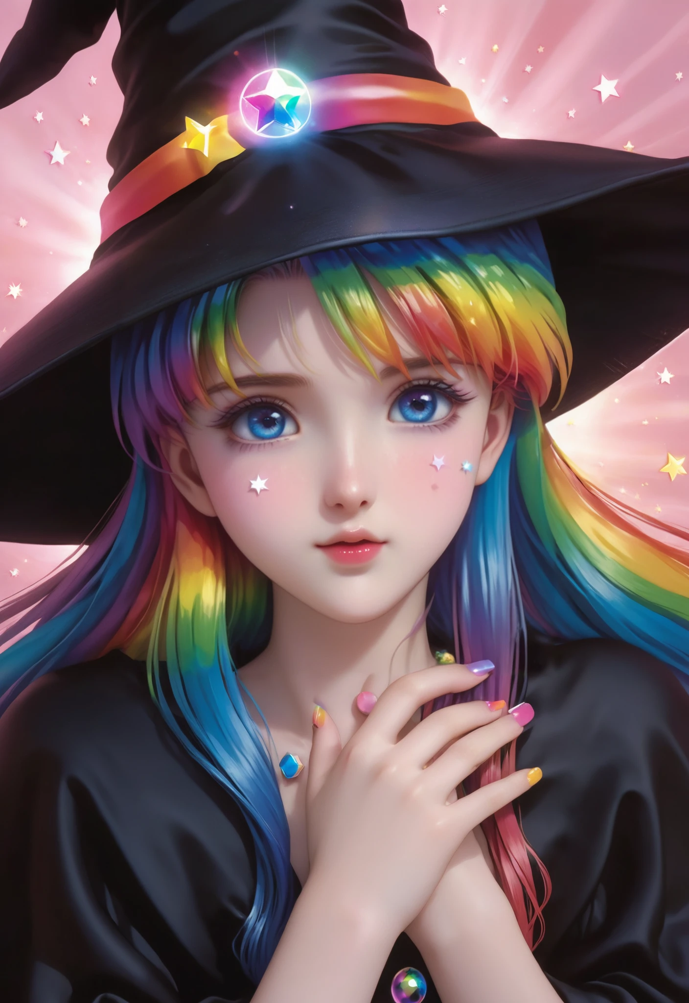 A beautiful kawaii princess with big blue eyes and long eyelashes wearing a black witch hat. She has colorful rainbows in her hair, with each rainbow representing one color on your hand. All her nails have different colored stars and shapes on them. A soft pink glow emanates from behind her face. A very detailed painting in the style of Hsiao Ron Cheng.