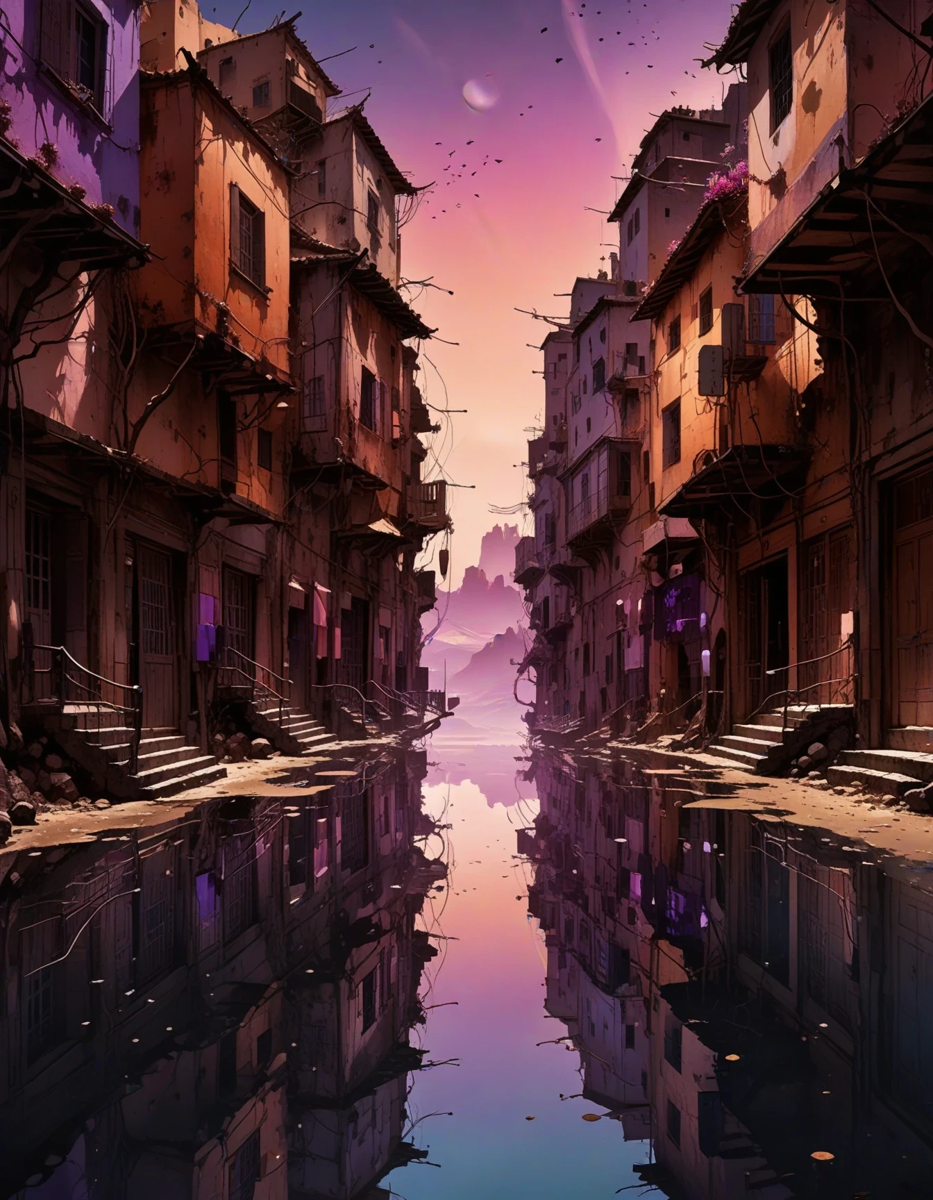 A solemn fantasytopia beyond the end of the multiverse, depicted through the lens of master artist Jan Urschel. The artstyle combines the surreal landscapes of Salvador Dali with the vibrant colors and imagination of Henri Matisse. The color palette consists of rich jewel tones intermingling with cool, atmospheric purples and blues, evoking a sense of mystery, reflection, and introspection within a realm where all possibilities converge.