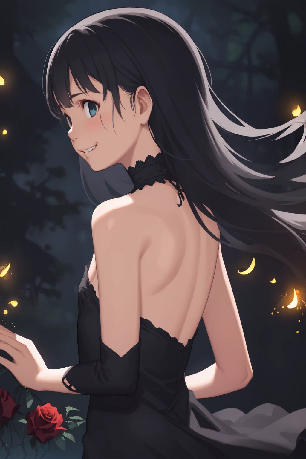 (masterpiece, best quality:1.2),
1girl, solo, (cute, petite:1.2), dark theme, dark, upper body, side face, grin, parted lips BREAK
(looking back, back focus), floating hair, black dress, bare shoulders,(delicate and beautiful eyes), flat chest, gothic fashion BREAK
(roses:1.2), fog, (fireflies), underlighting, bokeh, blurry background, strong visual impact, film lighting, from side