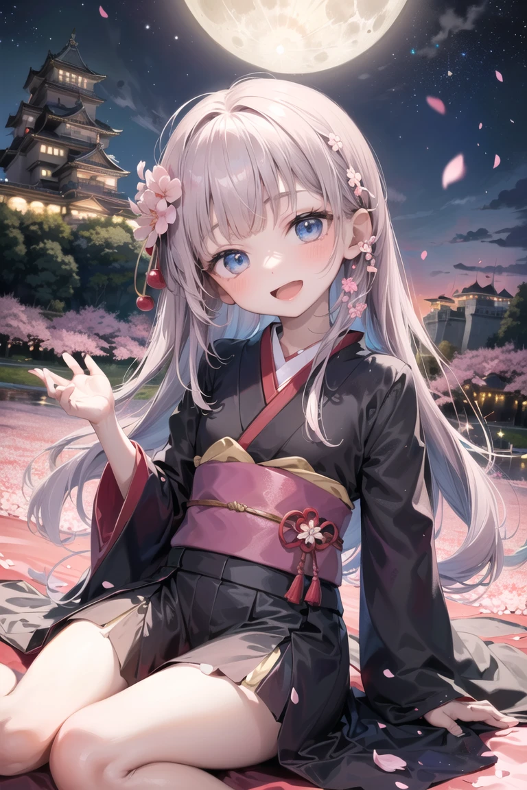dynamic angle, fisheye, 
petite, 1girl, brilliant dress, kimono,
blunt bangs, long hair, dark blue eyes, head tilt, light smile, open mouth, (half close eyes),
sense of scale and depth,Mysterious, luminescence, chiaroscuro,
arm behind back,(Japanese castle, cherry blossoms, banquet, night, starry sky:1.3),(full moon,Japanese castle lit up:1.3),(cherry blossom petals:1.4),