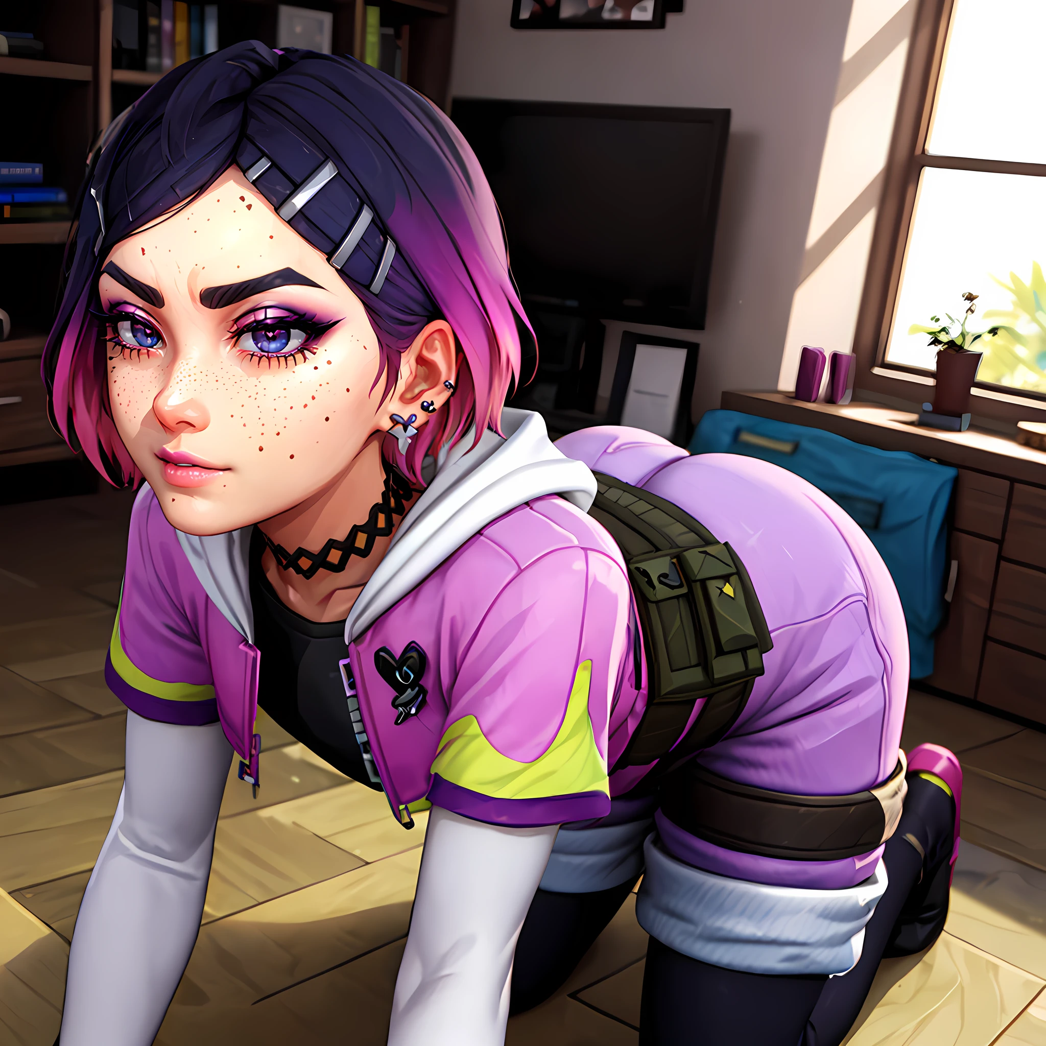 Best quality, Masterpiece,Clove,clovcos, (1boy:1.3),,solo,cowboy shot,perfect lighting,hairclip,cute pose,((pov,doggystyle,all fours)), choker, smirk,black hair,  ((blue eyes)),,femboy,(bulge),short sleeve jacket,(layered sleeves),(very short hair),(short over long sleeves), white sleeves,hair ornament,earrings,multicolored hair, jewelry, belt,makeup, short hair,eyeshadow,  zipper, lips, black choker, two-tone hair, jacket, nose, pink hair, freckles, pink jacket, hood, stocking, pouch, open jacket, piercing, black shirt, eyeliner,gradient hair, shirt, thick eyebrows, ear piercing,heart, mascara, purple shorts,eyelashes,black legwear under shorts,short shorts,  indoors,living room,<lora:Clove:0.75>