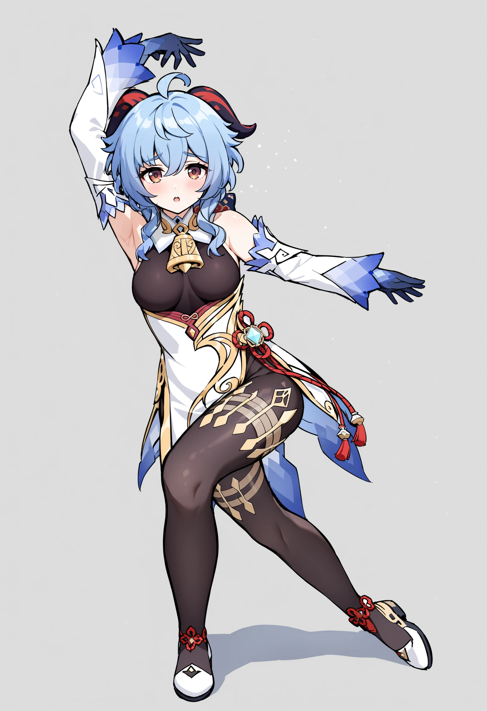 RivenSBXL, blue eyes, white hair, short hair, hair over one eye, sidelocks, single horn, hair ornament, pointy ears, medium breasts, black choker, collar bone, single bare shoulder, cleavage, white kimono, purple sash, multicolored sash, purple elbow gloves, fingerless gloves, purple pants, asymmetrical clothes, greaves, purple sandals,tongue out,ahegao,drool, bend over