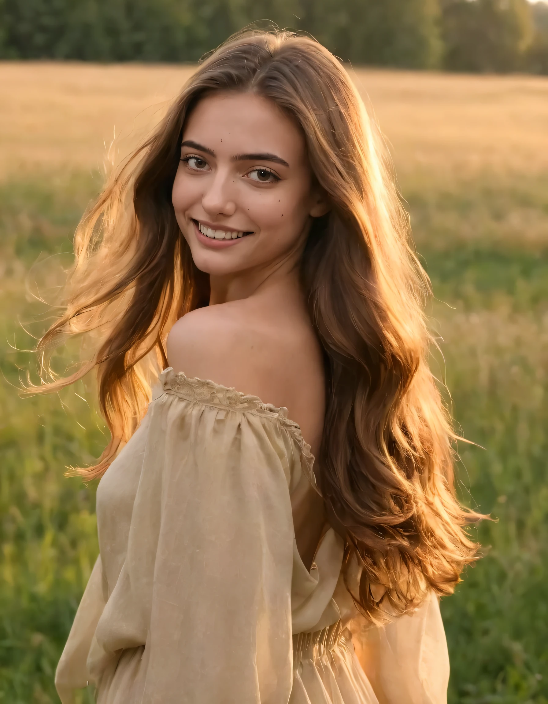 Amidst the scenic backdrop of a serene Gabschase meadow, she stands with her gaze locked on the horizon, the late afternoon sun casting golden hues across her flowing brown hair; framed by her elegant attire, it reveals her flawlessly sculpted profile, accentuated by her black-rimmed eyes and delicate mole. A simple yet captivating portrait of femininity unfolds before us, as she stands posing with her long hair cascading effortlessly over her shoulder and the gleam of her teeth peeking through a warm smile. gabschase <lora:nnrlsi18e8f2fb849o16:1>