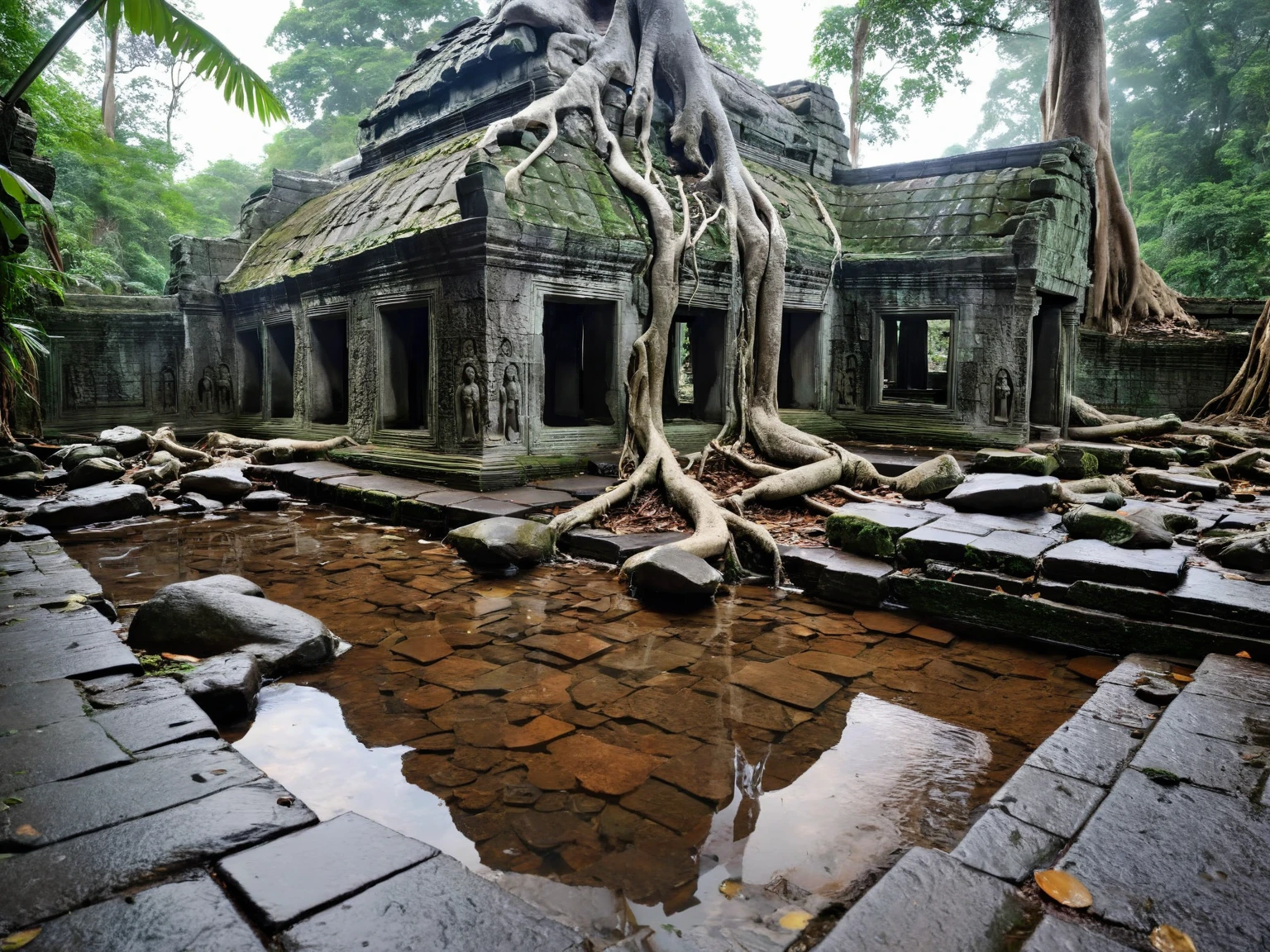 <lora:JJsTempleRuin_XL:1>, (Temple Ruin)), ((masterpiece)), ((best quality)), scenery, outdoor, real world location, building, sky, cloud,,day,water,tree, pool,forest,tree root, rain, wet stones,