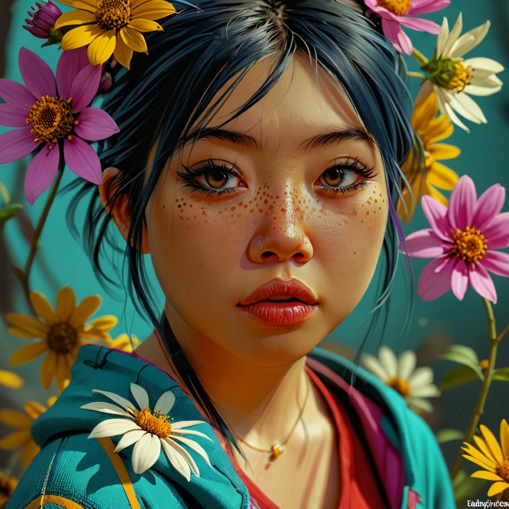 cartoon version of beabadoobee <lora:beabadoobee-SDXL_v1:1>, cartoon character artstation digital painting portrait design by mark brooks and brad kunkle detailed face highly stylized realistic cinematic lighting dramatic shadows fine detail 4k 8K sharp focus high resolution octane render photorealism trending on ArtStation GTA cover page with textured flowers in background beautiful colors blue black red pink green purple violet teal gold white yellow color scheme bright vivid contrast fantasy style beepley artwork