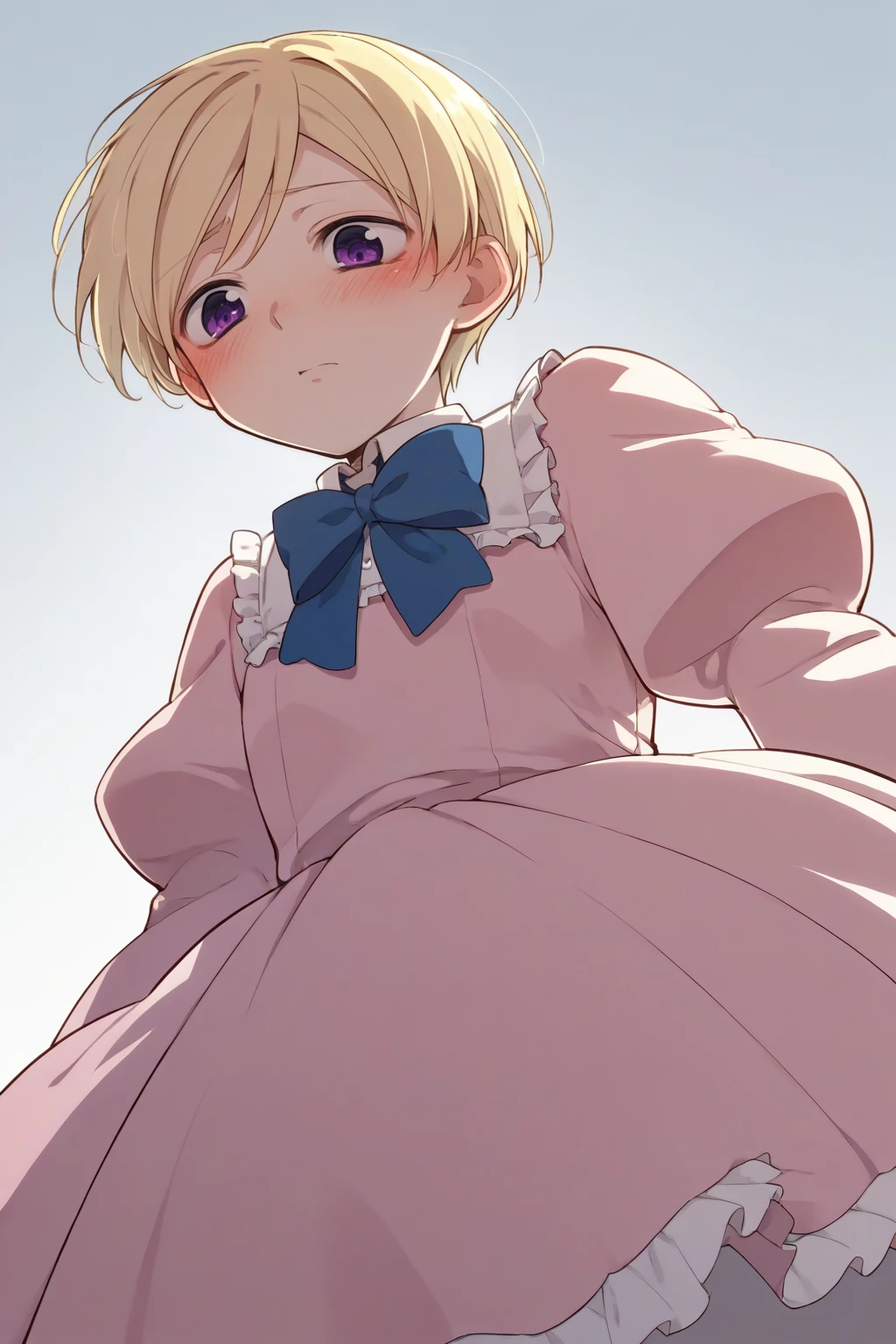 score_9, score_8_up, source_anime, solo, <lora:NSFinlandHetalia:0.8> NSFinlandHetalia, blonde hair, purple eyes, young, 1girl, pink dress, puffy sleeves, frills, bowtie, blush, from below, blush