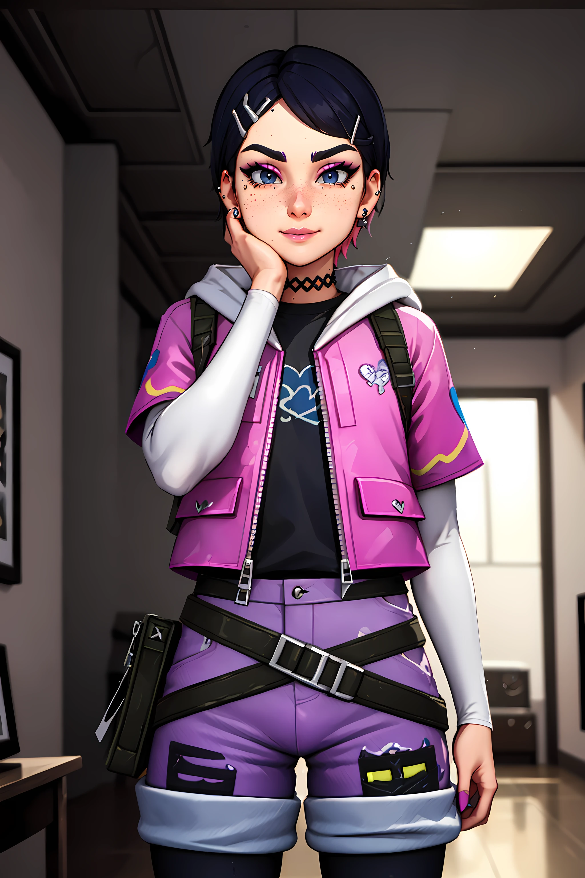 Best quality, Masterpiece,Clove, (1boy:1.2),solo,cowboy shot,upper body,perfect lighting,hairclip,(standing,legs apart ,hands on own face), smile,choker, black hair,  blue eyes,femboy,(bulge),short sleeve jacket,(layered sleeves),(very short hair,short over long sleeves), white sleeves,hair ornament,earrings,multicolored hair, jewelry, belt,makeup, short hair,eyeshadow,  zipper, lips, black choker, two-tone hair, jacket, nose, pink hair, freckles, pink jacket, hood,  (black pantyhose), pouch, animal print,open jacket, piercing, black shirt, eyeliner,gradient hair, shirt, thick eyebrows, ear piercing,heart, mascara, blue shorts,eyelashes,black legwear under shorts,short shorts,  indoors,living room,<lora:Clove:0.7>