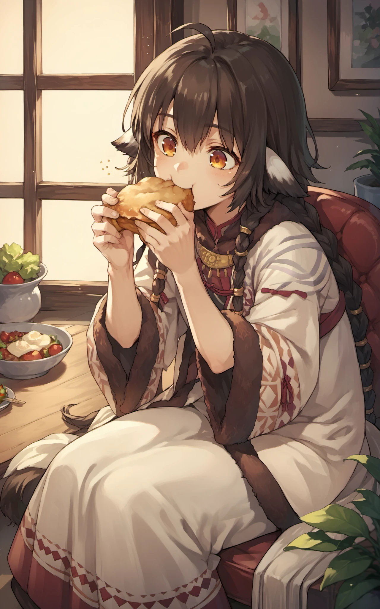score_9,score_8_up,score_7_up,score_6_up,score_5_up,score_4_up,source_anime,1girl,<lora:anjuutawarerumono_pony:0.8>,anju \(utawarerumono\),anju_formal,sitting,eating,happy,