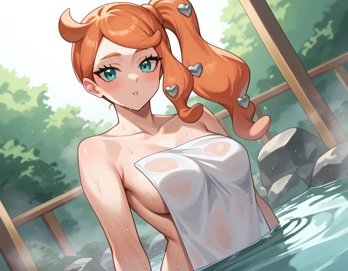 score_9, score_8_up, score_7_up, source_anime,
pokemonsonia, <lora:pokemon-sonia-ponyxl-lora-nochekaiser:1>
pokemonsonia, aqua eyes, heart, heart hair ornament, long hair, long sleeves, orange hair, side ponytail, swept bangs,
nude, naked,
outdoors, onsen, towel, naked towel, steam, bathing, nude cover, partially submerged, water, bath, steam censor, wet towel,
looking at viewer, cowboy shot, dutch angle,