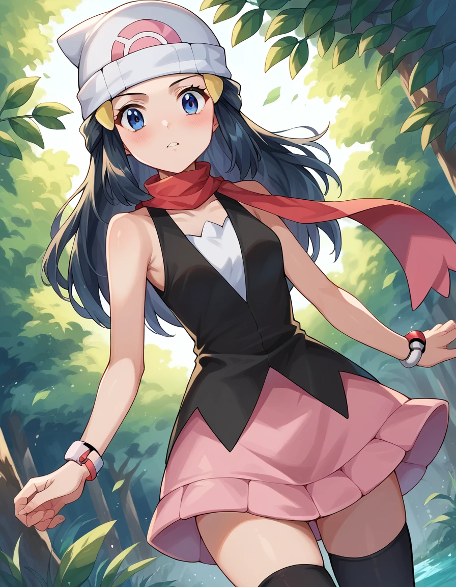 score_9, score_8_up, score_7_up, source_anime,
pokemondawn, <lora:pokemon-dawn-ponyxl-lora-nochekaiser:1>
pokemon dawn, black hair, blue eyes, sidelocks, long hair,
bare shoulders, beanie, black shirt, black socks, bracelet, hat, jewelry, kneehighs, miniskirt, pink skirt, red scarf, scarf, shirt, skirt, sleeveless, sleeveless shirt, white headwear,
outdoors, nature,
looking at viewer, cowboy shot, dutch angle,