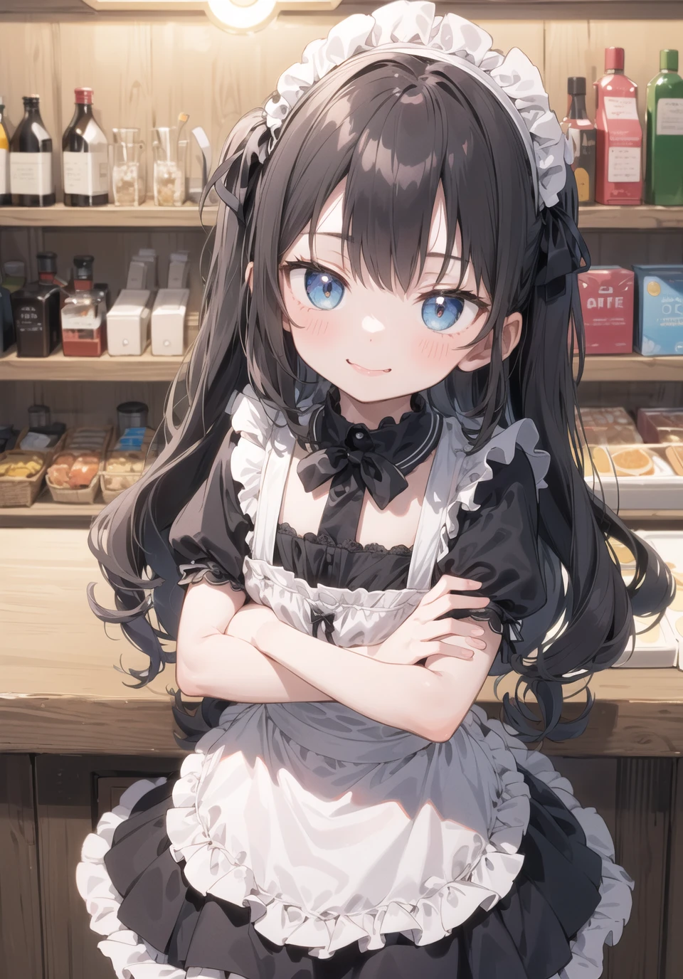 petite, 1girl, apron, tsurime, wavy mouth, crossed arms, light smile, natural cafe, bar, counter, (detailed shelf), sense of scale and depth, cowboy shot,