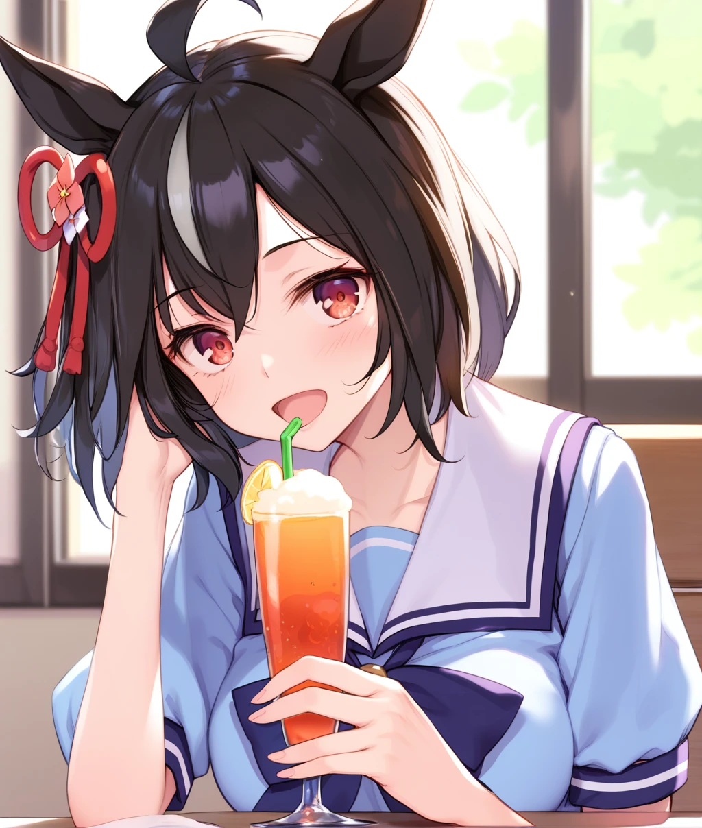 score_9, score_8_up, score_7_up BREAK
tracen_uniform, 1girl, solo, looking at viewer, blush, open mouth, black hair, hair ornament, red eyes, animal ears, hair between eyes, school uniform, ahoge, medium hair, cup, table, horse ears, horse girl, drinking straw, drink, tracen school uniform, crazy straw,
<lora:Kitasan_Black-ponyXL_V1:0.8>,