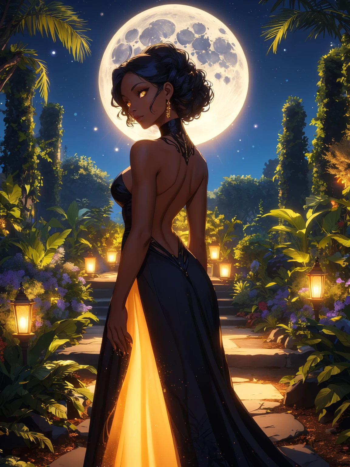 A shining silhouette of a looking back mystique black woman with her deep bright glowing eyes wearing an elegant dress with bare back and shoulders in a mystery garden, time shift, moonlight shadows, glamorous world