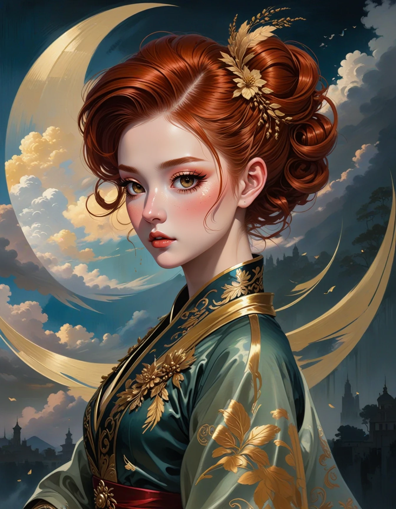 A stunning visual of a noblewoman, half human and half elf, with auburn hair styled in elegant victory rolls, adorned in an outlandish yet fashionable costume design. Her attire features shimmering wheat-metal detailing and side swept curls that add drama to her overall appearance. She embodies grace and sophistication as she reigns over her kingdom high above the clouds.  This image is in a neo-classical oil painting style with a soft pastel color palette, accented by gold highlights.