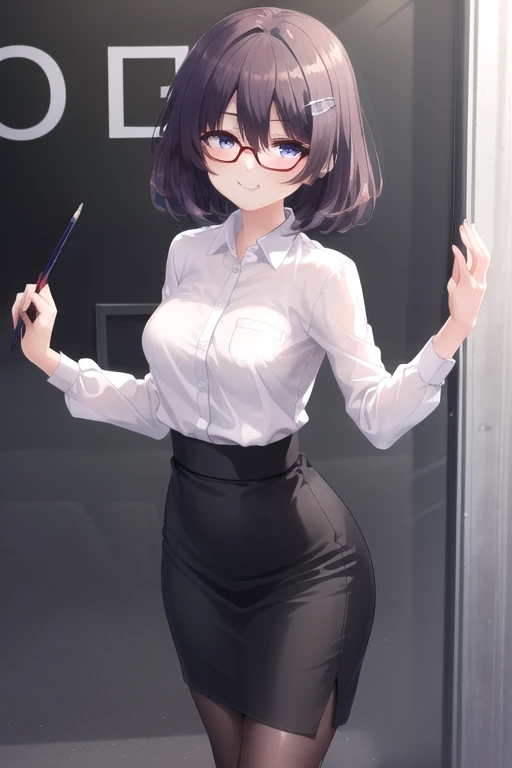 ((masterpiece)),(best quality),official art,extremely detailed CG,unity 8k wallpaper,ultra detailed,beautiful detailed eyes,extremely detailed face,outdoors,1girl,solo,cowboy shot,looking at viewer,facing viewer,(petite:1.1),smile,Nozomi,brown hair,short hair,hair intakes,hair ornament,hairclip,hair between eyes,bangs,red-framed eyewear,purple eyes,office lady,collared shirt,white shirt,long sleeves,large breasts,underbust,black skirt,pencil skirt,black pantyhose,high heels,black footwear,<lora:Nozomi(hsr):0.8>,