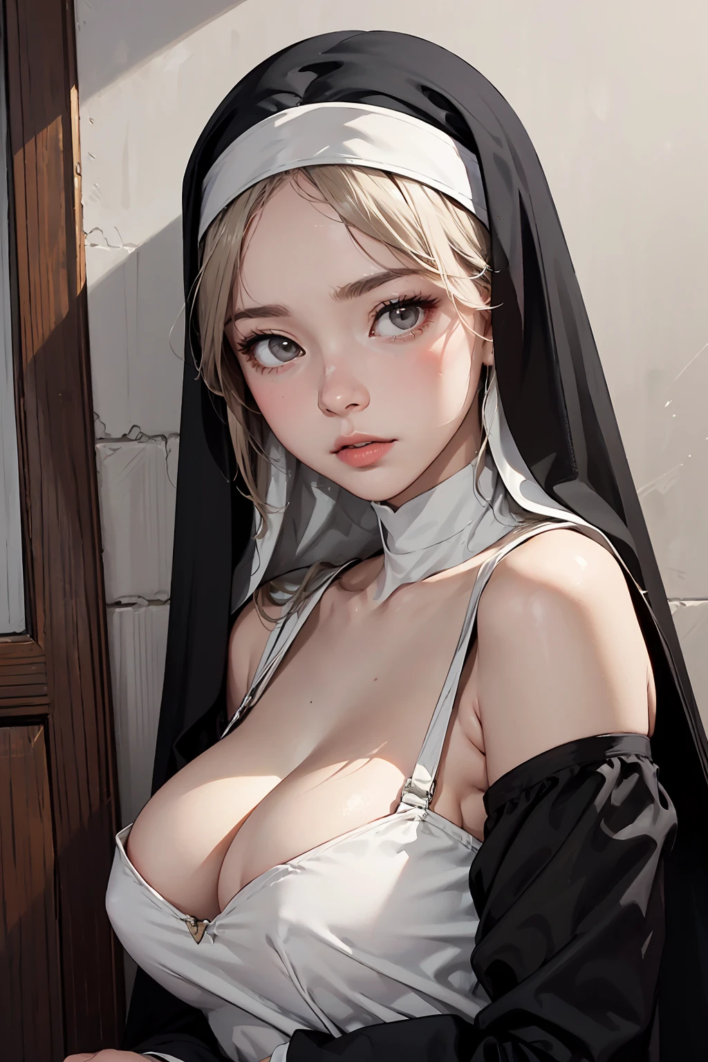(detailed realistic background:1)
(official art, beautiful and aesthetic:1)
realistic lighting
cinematic lighting
hyperrealism
soothing tones
muted colors
high contrast
soft light
sharp
artistic photoshoot
(cute, petite)
slender
european
pale cheeks
square face shape with angular jaw
natural "no-makeup" makeup
huge breasts
((nun)), Upper Body
Bare shoulders, Bare neck, platinum blonde hair, grey eyes, full lips
On a 1950s Country Farm: Red barn, haystacks, green pastures, ploughed fields