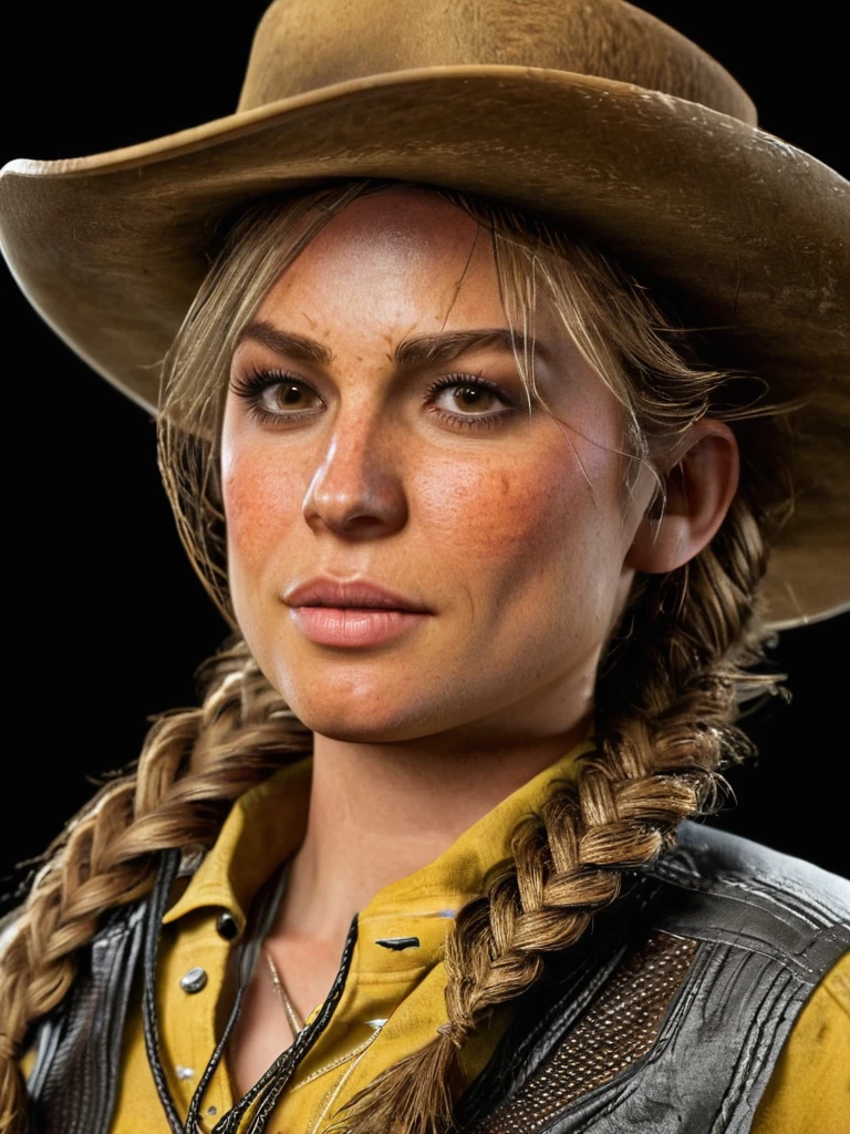 close-up face of SadieAdler, wearing a cowboy outfit, braided blonde-brown hair, yellow shirt, brown cowboy hat, brown pants, ideal face, hazel eyes, blonde messy ponytail, strand of hair on face, wearing strap-top, black background, studio light, raw photo, ISO 800, vellus hair, skin pores, smooth skin, imperfections, extremely detailed skin, badger light, <lora:SDXL_SadieAdler:1>