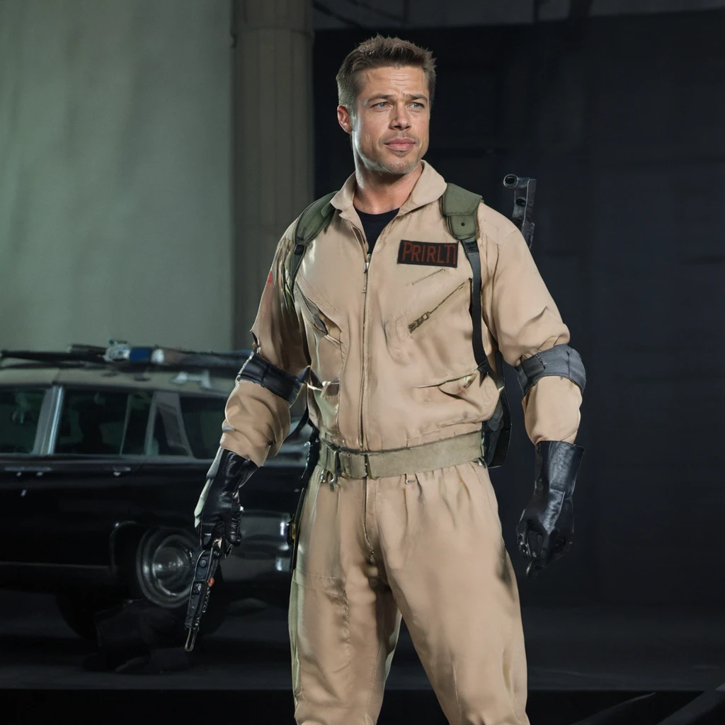 brad pitt in a costume with a gun in his hand <lora:Ghostbuster1024:0.8>