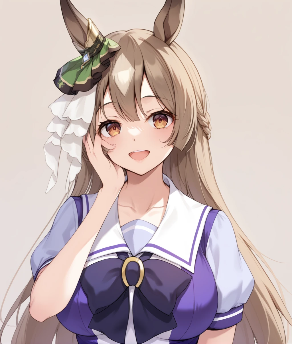 score_9, score_8_up, score_7_up BREAK
tracen_uniform, 1girl, solo, long hair, breasts, looking at viewer, blush, smile, open mouth, large breasts, simple background, brown hair, animal ears, brown eyes, school uniform, collarbone, braid, short sleeves, horse ears, horse girl, shaded face, hand on own face, half updo, hand on own cheek, tracen school uniform, yandere, ear ornament, <lora:Satouno Diamond-ponyXL_V1:1>,