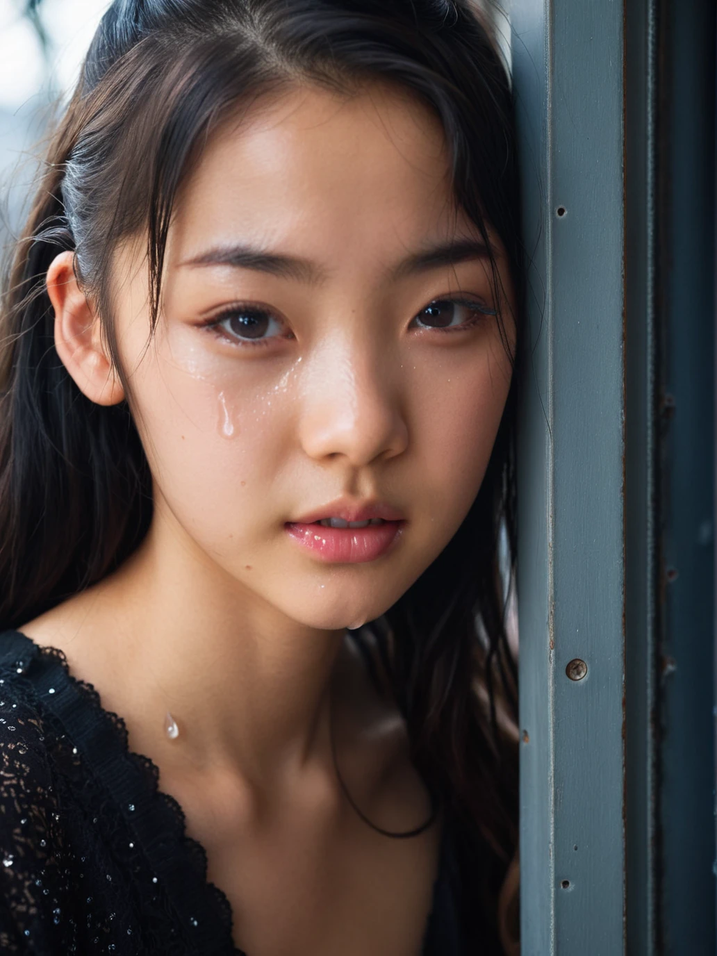 18 y.o chinese|france,(lipgloss, eyelashes, best quality, ultra highres, depth of field, caustics, Broad lighting, shading, 85mm, f/1.4, ISO 200, 1/160s:0.75),Cinematic Lighting,tears in the corner of the eye,(film grain:1.5),a bleak environment,<lora:MihoKanekoSDXL:0.7>,texture,