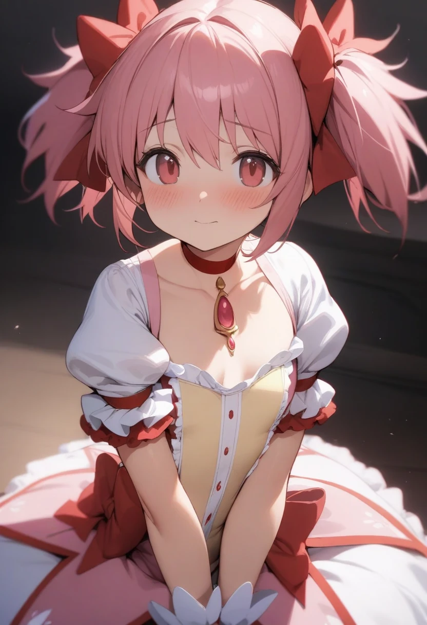 masterpiece,best quality,very aesthetic,absurdres,<lora:kaname_madoka:1>,kaname_madoka,magical_girl,pink_eyes,pink_hair,short_twintails,red bow,red_choker,white_gloves,