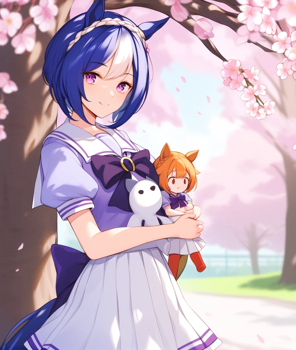 score_9, score_8_up, score_7_up, 2D, anime BREAK
tracen_uniform, 1girl, solo, looking at viewer, smile, short hair, bangs, skirt, shirt, bow, holding, animal ears, closed mouth, school uniform, purple eyes, tail, purple hair, braid, white hair, short sleeves, multicolored hair, pleated skirt, outdoors, serafuku, puffy sleeves, bowtie, sailor collar, two-tone hair, tree, puffy short sleeves, white skirt, horse ears, cherry blossoms, horse girl, horse tail, purple bow, purple shirt, character doll, sailor shirt, tracen school uniform, summer uniform, purple bowtie, horseshoe ornament, holding doll,
<lora:Cesario-ponyXL:0.8>,