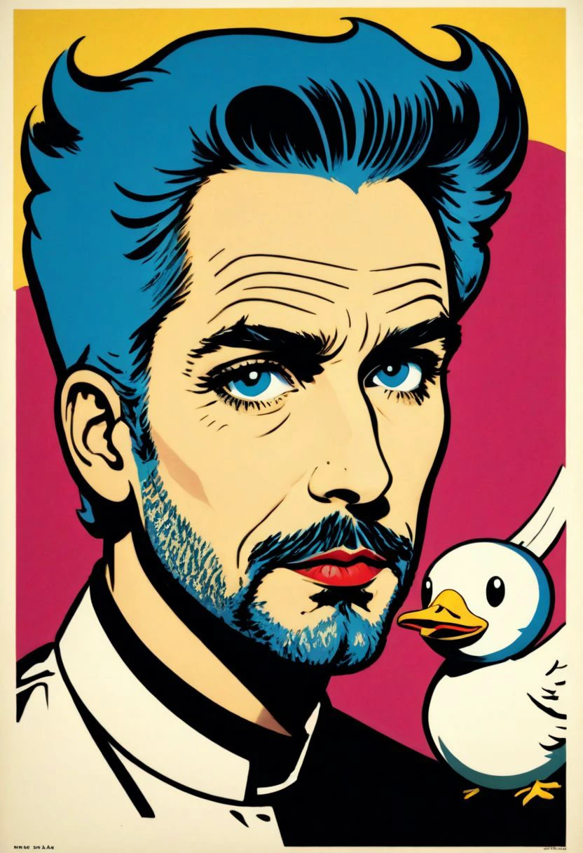 prtxztl, Lucifer Morningstar, hazbin votel vibes, 1boy, male focus, facial hair, blue eyes, solo, blue hair, mustache, bird, looking at viewer, beard, , screen printing, halftone printing, contemporary art, modern art, graphic art, commercial art, bold colors, bold lines, comic book style, comic art, advertising art, kitsch, retro style, vibrant colors, flat color, newsprint texture, illustration, art by Andy Warhol and Roy Lichtenstein, retro art style, ligne claire, pop art, vintage advertising poster