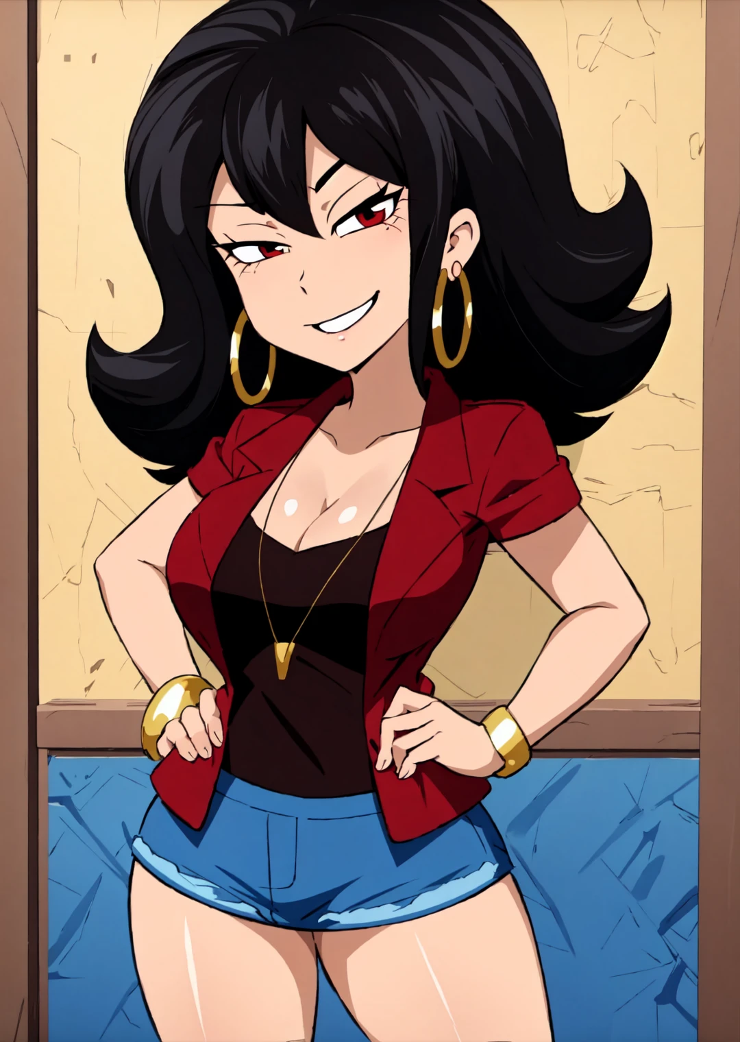 <lora:American_Dad_-_Gwen_Ling:1> AmericanDadGwenLing, American Dad, Gwen Ling, 1girl, asian, black hair, big hair, hoop earrings, jewelry, smile,