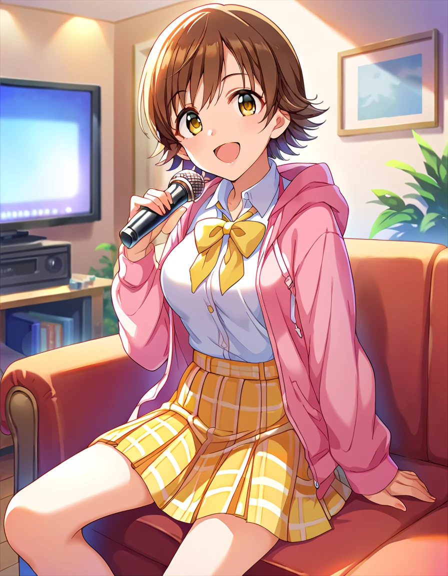 score_9, score_8_up, score_7_up, source_anime,
pinup of 1girl, solo, sitting on couch,  cheerful, singing, open mouth, indoors,  karaoke, private compartment, dimming, table, television, microphone, looking at viewer,
 <lora:HondaMio_v1:0.9>
hndmo, short hair, brown hair, yellow eyes, medium breasts, 
school uniform, hooded track jaket, pink hoodie,  collared shirt, yellow skirt, pleated skirt, plaid skirt, yellow bowtie, loose bowtie,
detailed eyes, eye refraction,