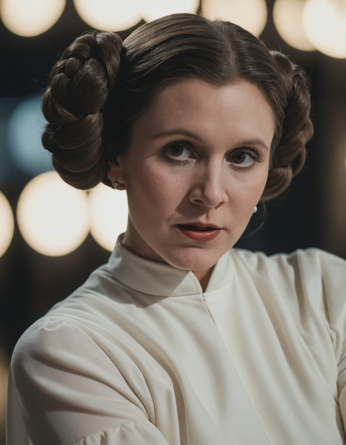 high resolution photo of le_ia with double bun and white gown close-up,the scene has a dramatic look,volumetric lighting and bokeh,the background is super detailed,the shot is cinematic