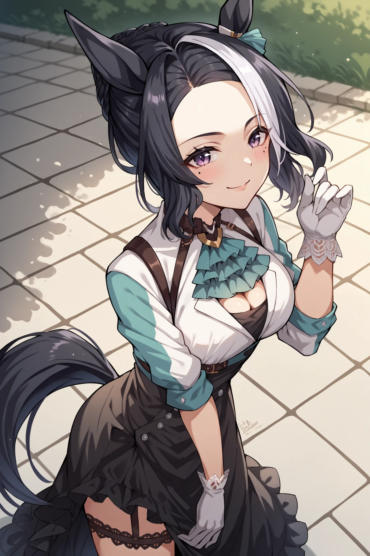 score_9, score_8_up, score_7_up, , rating_general,1girl , rmnsd, horse girl, multicolored hair, braided bun, streaked hair, ear ornament, mole under eye, green ascot, multicolored clothes ,cleavage cutout, harness, , belt, bracelet, single glove, frilled high-waist skirt, horse tail, single garter strap, single black thighhigh, dynamic angle , source_anime, cowboy shot, outdoors, naughty face, smile, from side, <lora:MejiroRamonuPDCAMEv3 UMA:1>, full body,