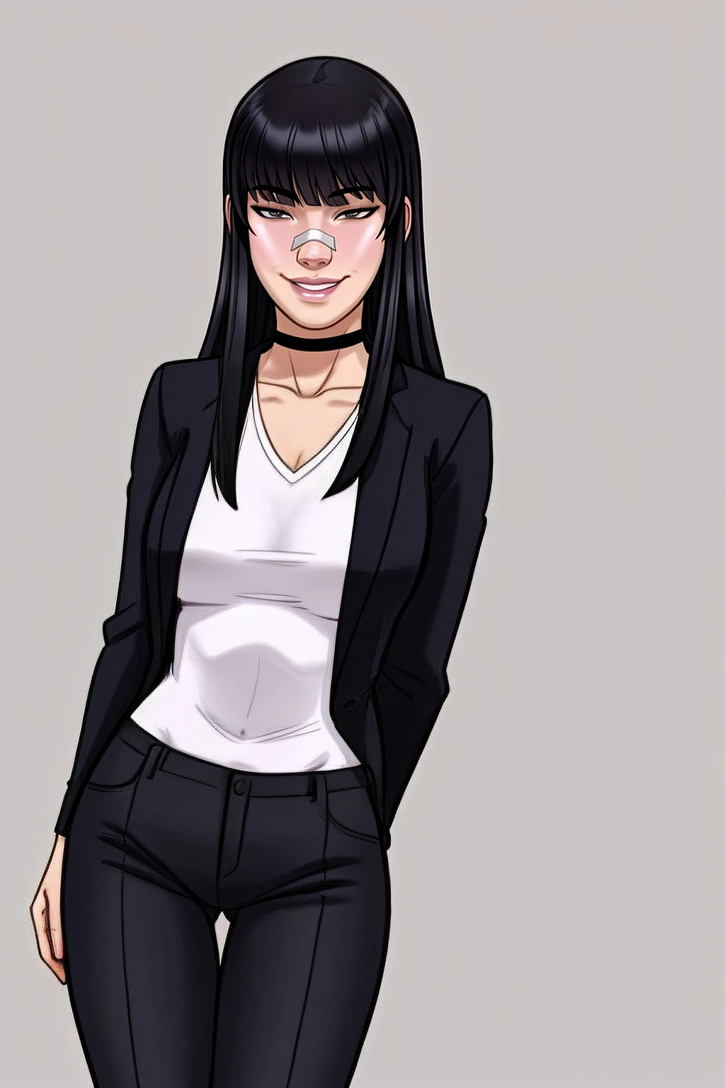 XenTAI-pos, XenTAI-pos,at distance,cowboy shot,posing,flirting,(playful gaze, smirking:1.1),1girl,simple background,<lora:Andavas_Na-Na_Kim:0.7>,na-na_kim_(andava),black eyes,bandaid on nose,korean girl,black hair,long hair,hime cut,athletic girl,kneesocks,choker,(blazer,pants,white shirt,formal:1.3),