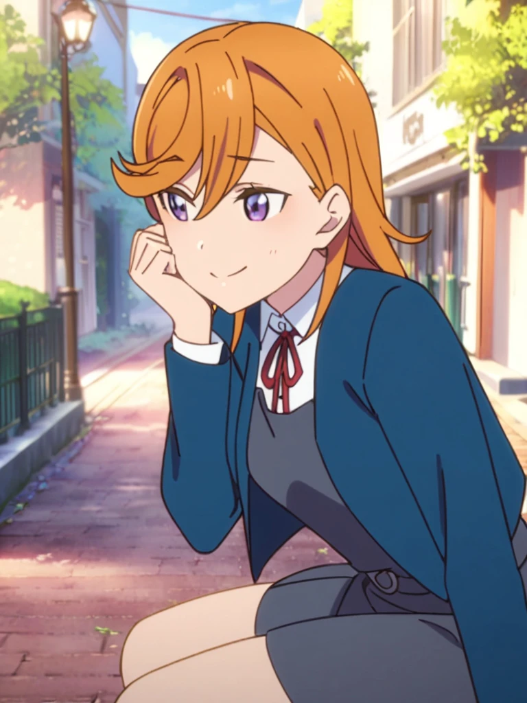 masterpiece, best quality, very aesthetic, absurdres, pov, medium shot,
<lora:kanon-sdxl-000056:0.9>,
shibuyakanon, orange hair, kanonuniform, medium hair, school uniform, pinafore dress, blue jacket, red ribbon, grey skirt, from side, (hand on own face:0.8)
shy, blush, smiling, looking away,