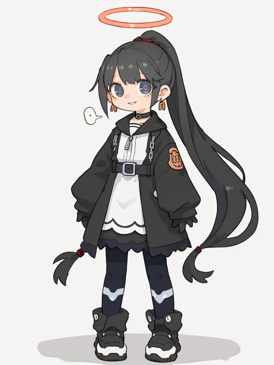 lvzi,msw, best quality, illustrious,1girl, monochrome, greyscale, solo, halo, long hair, chain, boots, standing, wings, simple background, full body, belt, white background, sleeves past wrists, closed mouth, twintails, ponytail, dress, very long hair, long sleeves, bangs, choker, frills, looking at viewer, parted lips, smile, collar, skirt, earrings, jewelry, looking to the side, black dress, <lora:lvzi-000006:1>