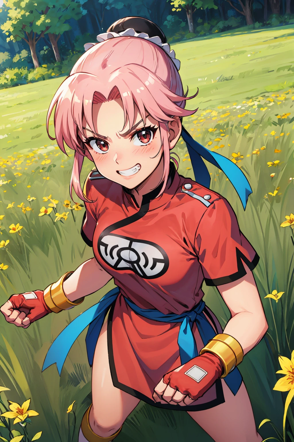 masterpiece, best quality,  <lora:dqmaam-nvwls-v1-000009:0.9> martialMaam, hair bun, short hair, china dress, short sleeves, sash, fingerless gloves, furrowed brow, grin, fists, looking at viewer, from above, field