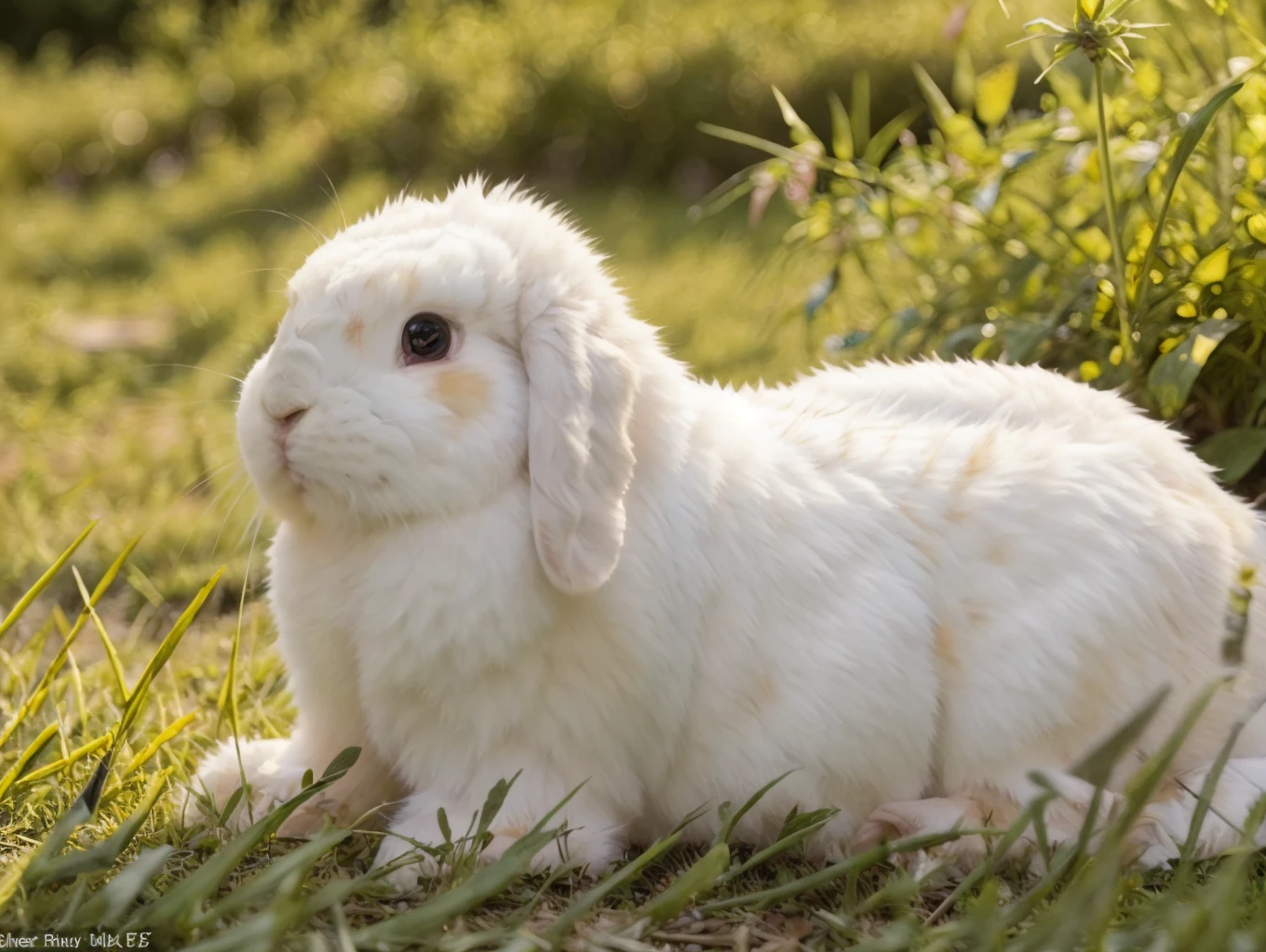 masterpiece, best quality, real, bunny, white fur, long (lop ears:1.2), lying in grass, dandelions, looking at viewer, 8K, HDR, ultra detailed, <lora:Bunnies:1>