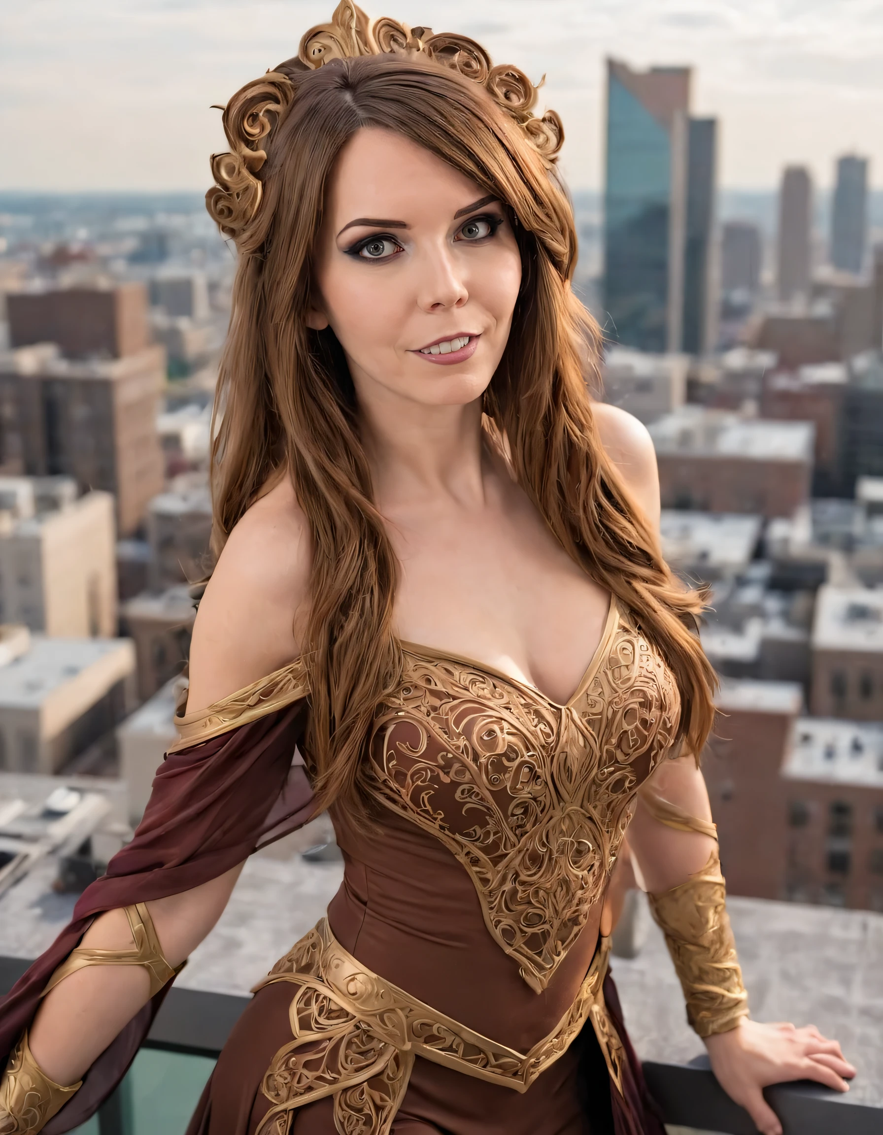 KamuiCosplay captured an enchanting photograph of a confident woman with luscious brown locks cascading down her shoulders, dressed elegantly in an intricate costume atop a picturesque, urban rooftop adorned with breathtaking cityscape views. <lora:gzqlgw18e92261fd5l68:1>
