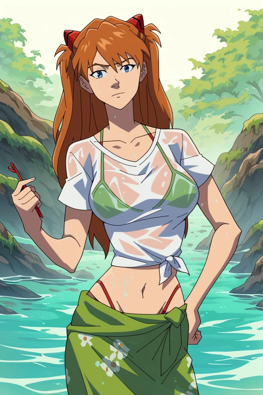 score_9, score_8_up, score_7_up,neon_genesis_evangelion souryuu_asuka_langley 1girl bikini blue_eyes breasts closed_mouth collarbone contrapposto cowboy_shot day floral_print green_sarong hair_between_eyes hand_on_own_hip hat interface_headset large_breasts long_hair looking_at_viewer midriff navel orange_hair outdoors pink_scrunchie red_bikini sarong scrunchie see-through see-through_shirt shirt short_sleeves solo straw_hat string_bikini swimsuit t-shirt two_side_up wet wet_clothes wet_shirt white_shirt