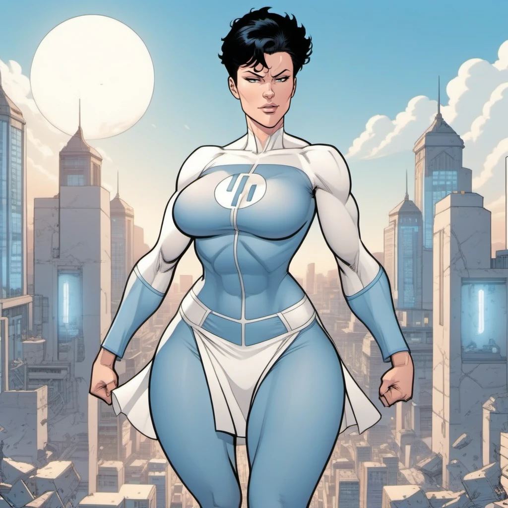 comic a full body view of muscular woman upset, short dark hair, huge breast, hourglass figures,wears a futuristic white and lightblue bodysuit, white miniskirt, flying over a city<lora:Anissa1024:0.8> . graphic illustration, comic art, graphic novel art, vibrant, highly detailed