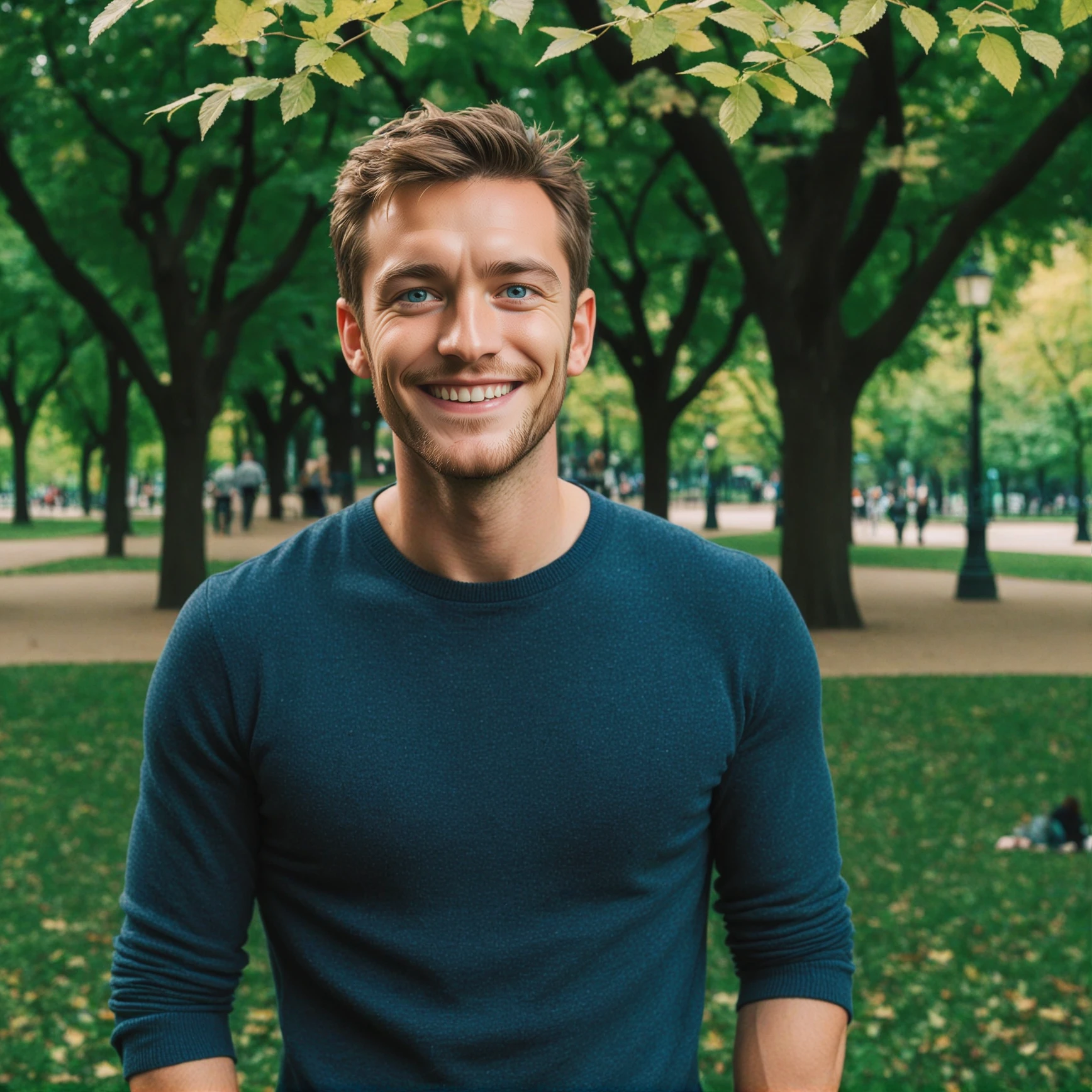 A photograph of 30yo man standing in the park smiling bobbysynth
