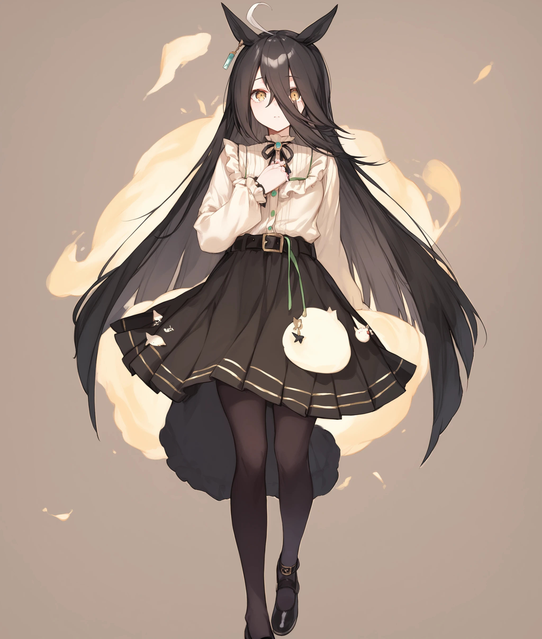 score_9, score_8_up, score_7_up, 2D, anime BREAK
casual_clothes, 1girl, solo, long hair, looking at viewer, bangs, skirt, shirt, black hair, long sleeves, holding, animal ears, hair between eyes, jewelry, full body, yellow eyes, ahoge, pantyhose, multicolored hair, earrings, belt, black skirt, black footwear, horse ears, horse girl,
<lora:Manhattan Cafe-ponyXL_locon:1>,