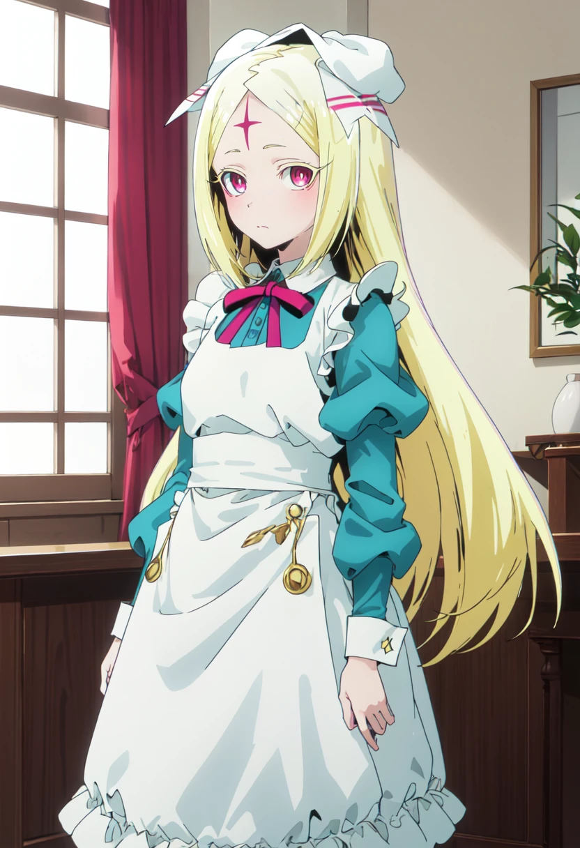 best quality, masterpiece, highres, solo, (korisu_morino_mahoushoujoniakogarete:1.10), 1girl, closed mouth, long sleeves, puffy sleeves, white apron, blue dress, looking at viewer, bow, indoors, very long hair, anime_style, 6 <lora:korisu_morino_mahoushoujoniakogarete:0.80>