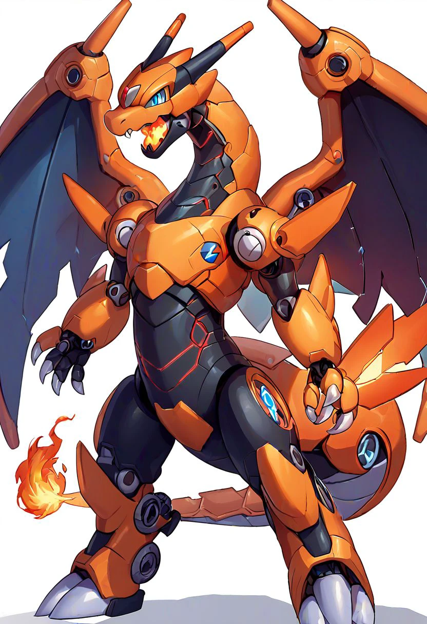 score_9, score_8_up, score_8, 
 Charizard, no humans, breathing fire, claws, creatures (company), mech, fire, flame-tipped tail, fusion, game freak, gen 1 pokemon, highres, joints, mecha, mechanical tail, mechanical wings, mechanization, mega charizard x, mega charizard y, mega pokemon, nintendo, no humans, non-humanoid robot, open mouth, pokemon, pokemon (creature), robot, robot joints, science fiction, solo, standing, tail, thrusters,  white background, wings