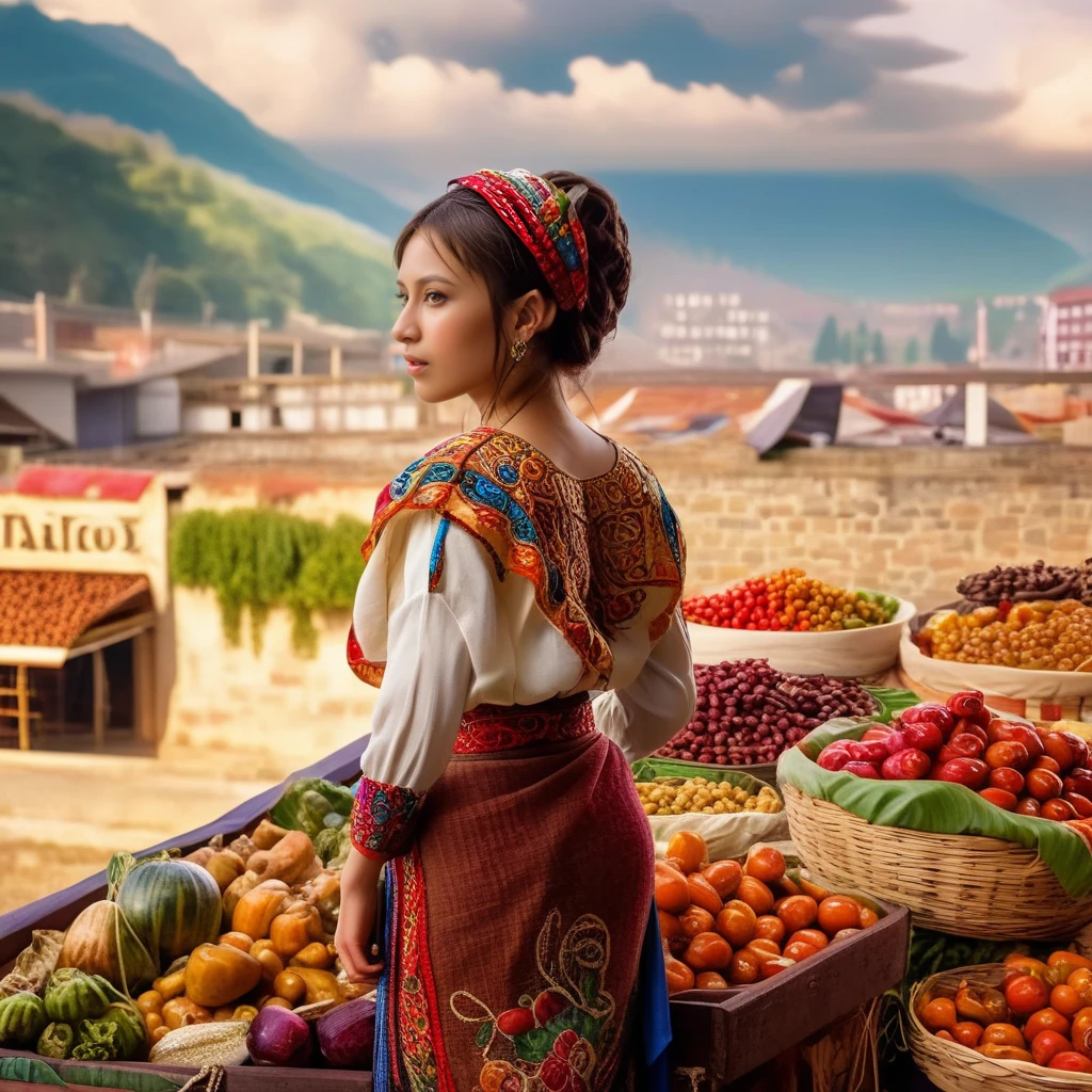 <lora:guatemala:1.3> an intricate photo of an elegant young woman in traditional clothes looking out over with a market enjoying the landscape, tack sharp, 4k, masterpiece